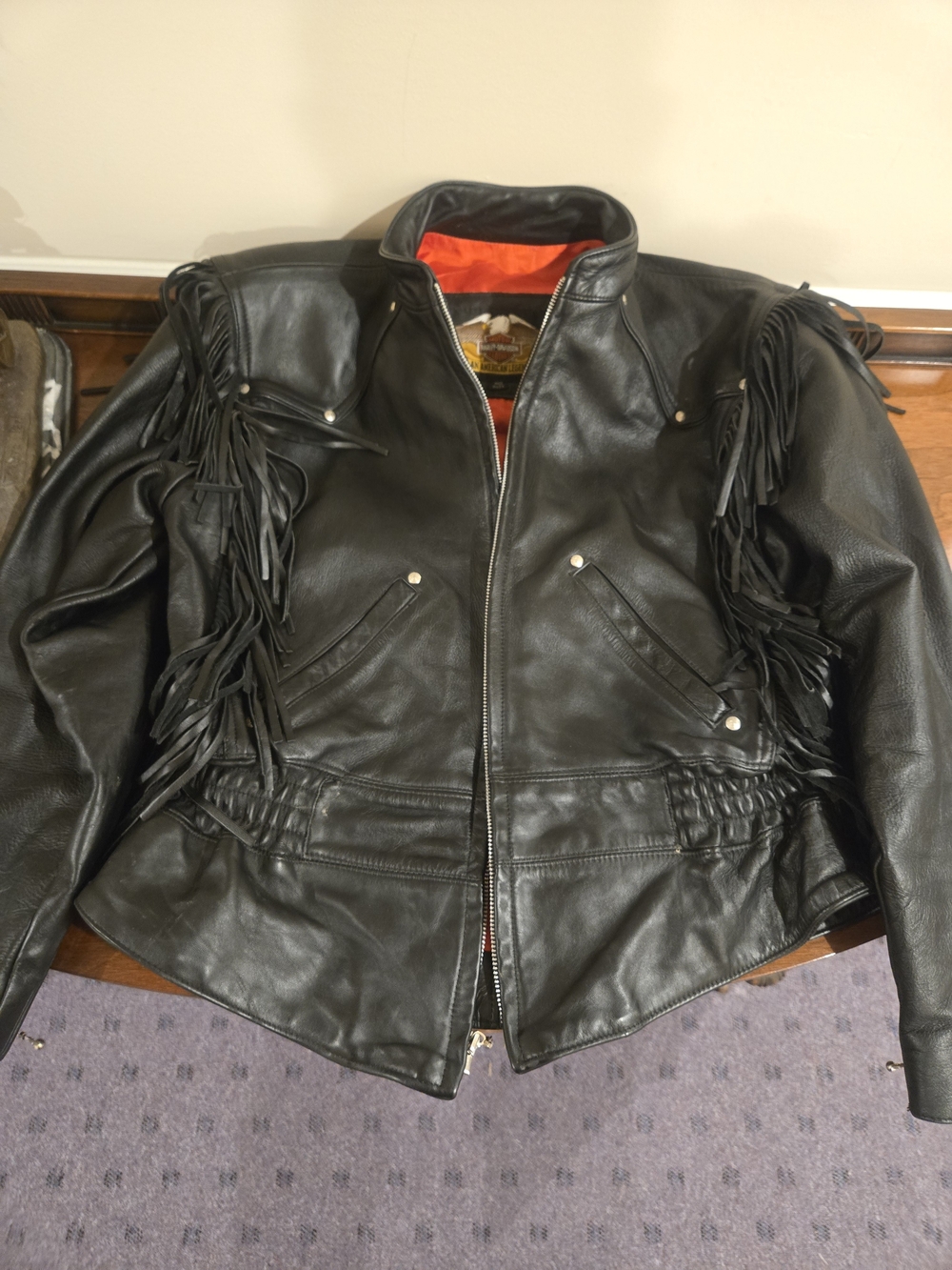 Harley-Davidson Black Leather Fringe Jacket with Orange Lining